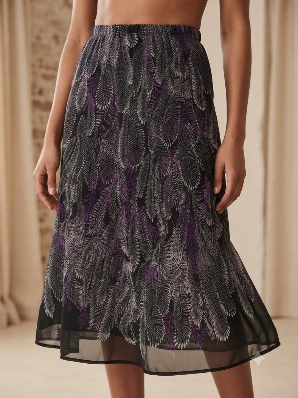 JM Collection Black Midi Skirt with Purple & Gray Feather Print